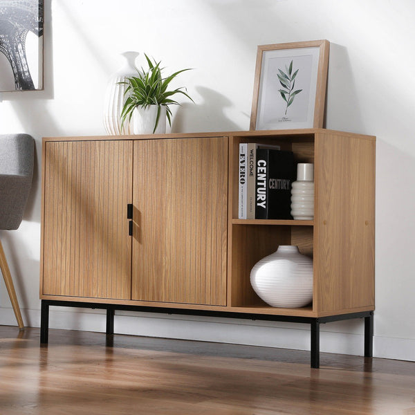Tara - Buffet 2 Portes 2 Niches Ouvertes Effet Bois Rainuré - Bois Clair
