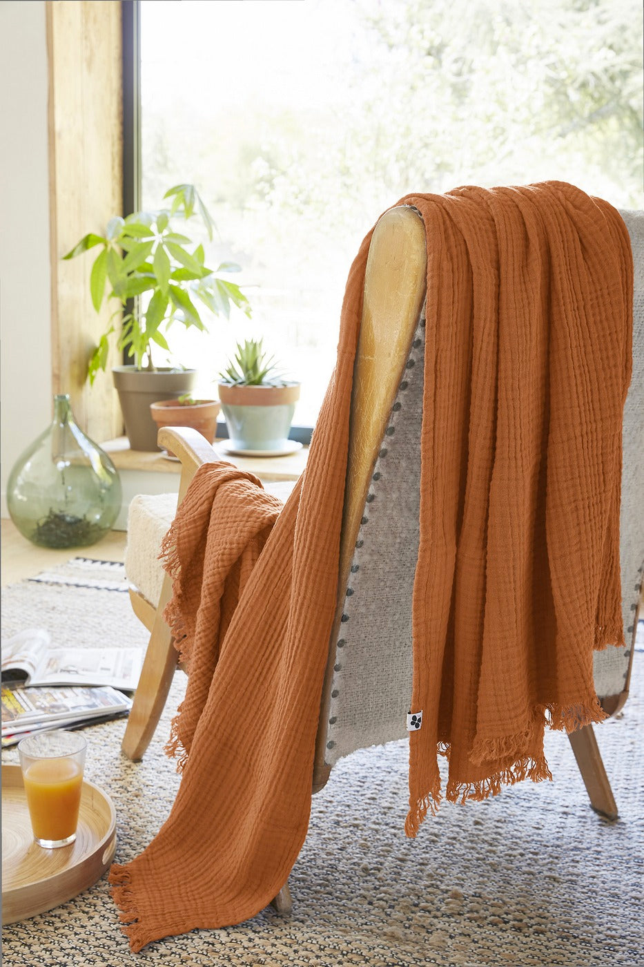 Fringed Throw - Double Gauze Plain Cotton - Gaia - Apricot