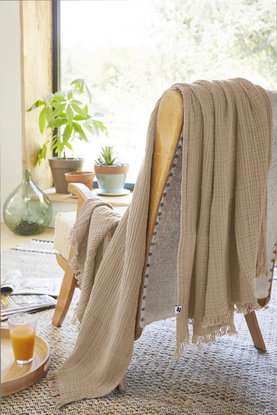 Gaïa - Plaid À Franges - Double Gaze De Coton Unie - Ficelle