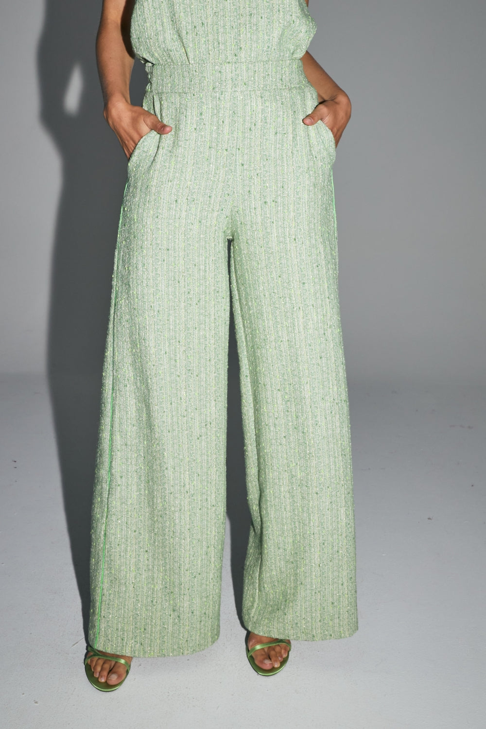 Le Pantalon Charlie En Tweed Recyclé Vert Lemon Fabriqué En Italie