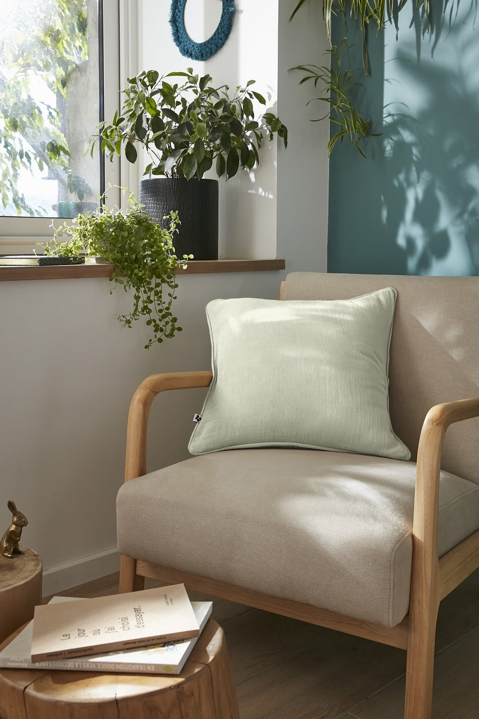 Gaïa - Removable-Cover Cushion with Piping - Plain Double Cotton Gauze - Water Green