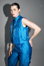 The Nina Shirt In Shiny Blue Linen Made In Italy
