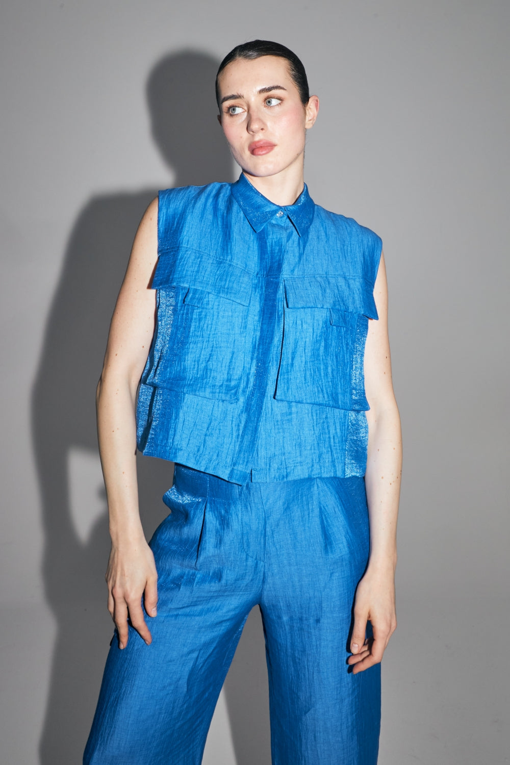 The Nina Shirt In Shiny Blue Linen Made In Italy