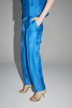 The Ryder Trousers In Shiny Blue Linen Made In Italy