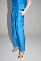 The Ryder Trousers In Shiny Blue Linen Made In Italy