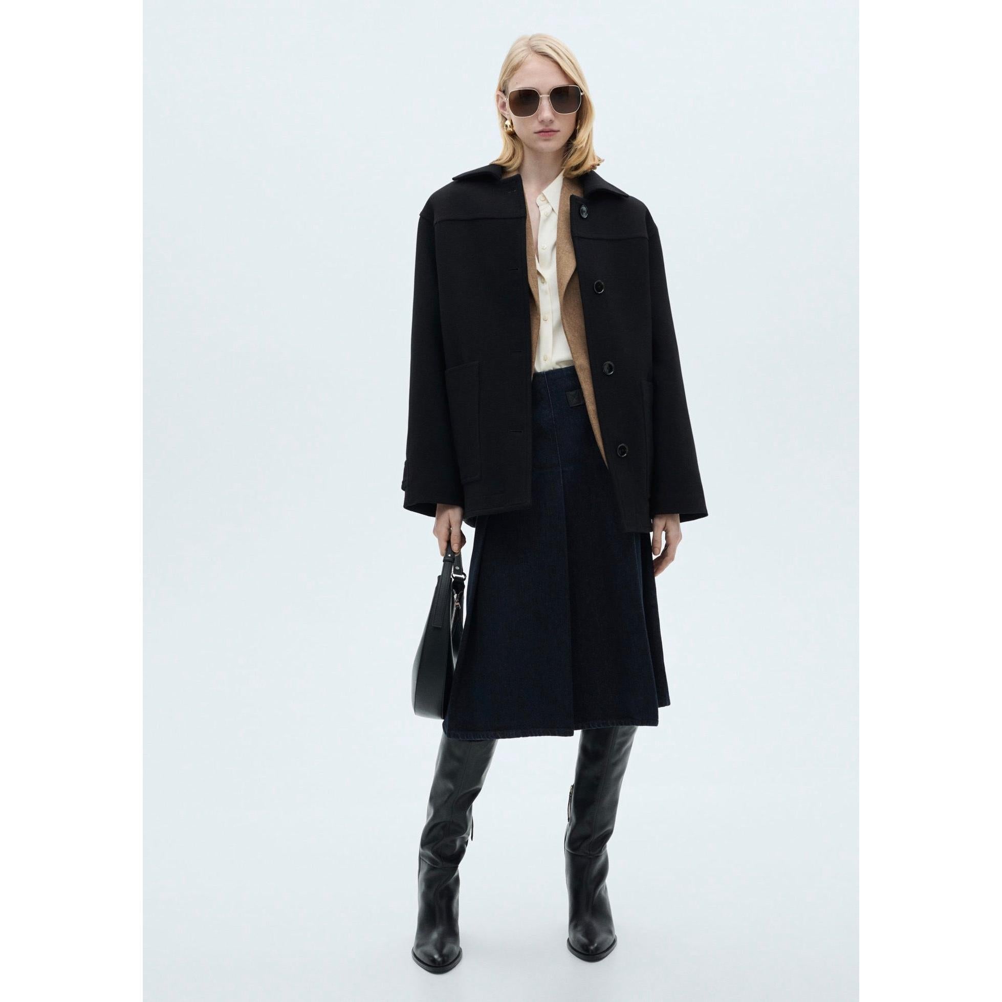 Abrigo midi de lana con botones - Negro