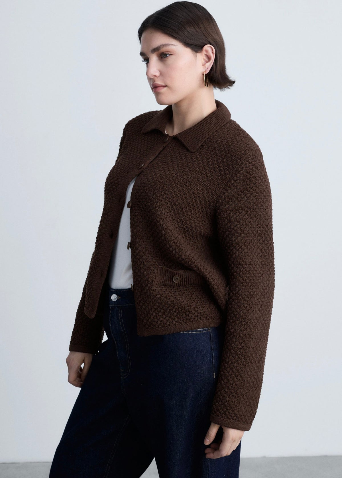 Polo-Collar Knit Jacket - Brown