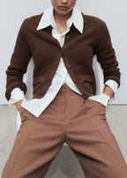 Polo-Collar Knit Jacket - Brown