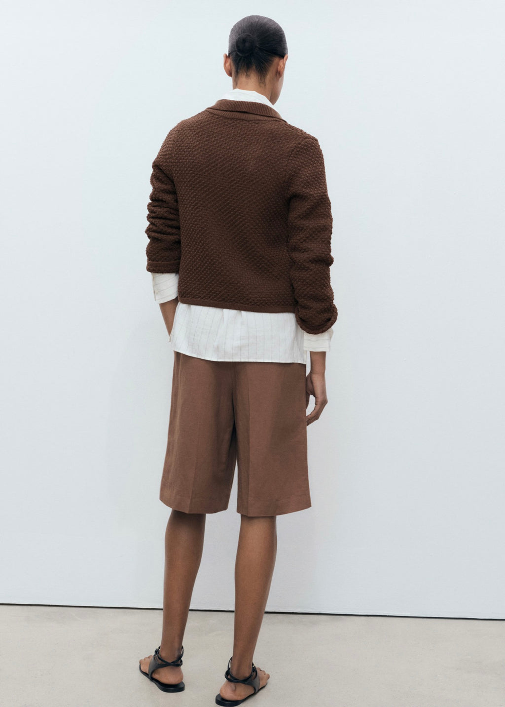 Polo-Collar Knit Jacket - Brown