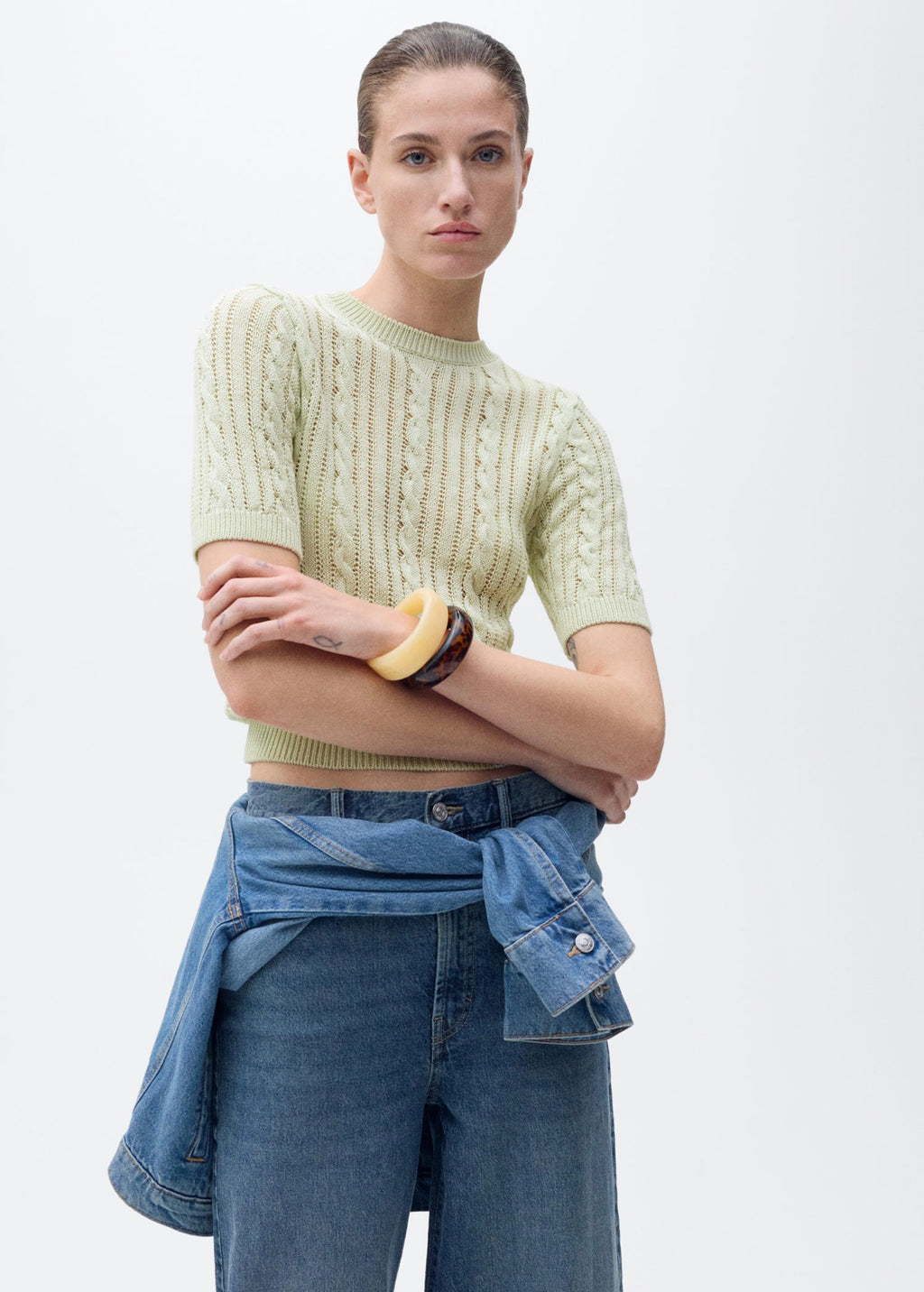 Cable-Knit Short-Sleeved Jumper - Pastel Green