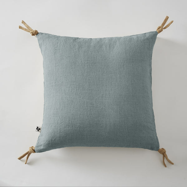 Soline - Removable Cushion Cover With Pompoms - Washed Linen - Azure