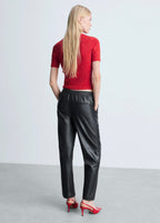Elasticated Waist Faux Leather Trousers - Black
