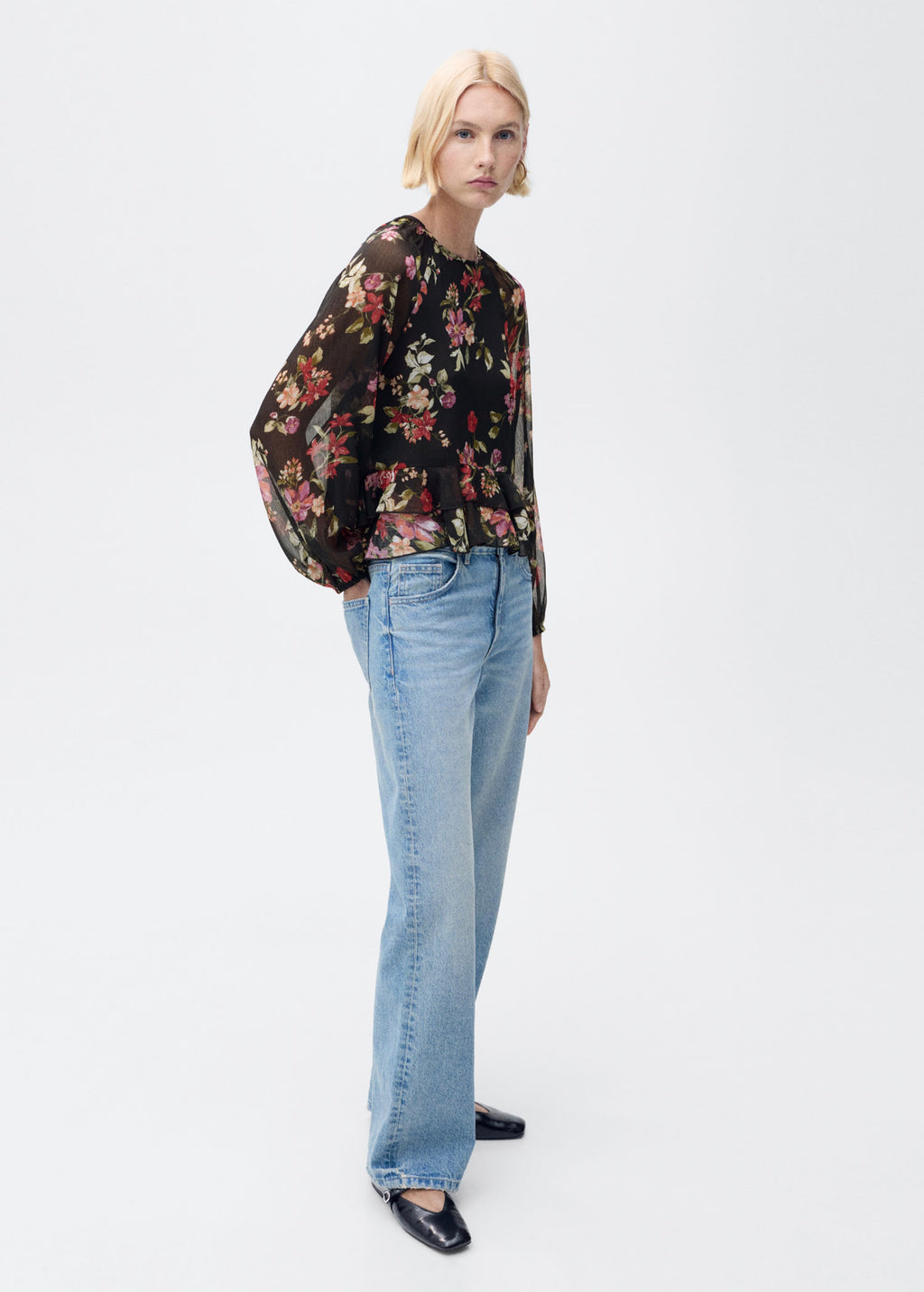 Floral Ruffle Blouse - Black