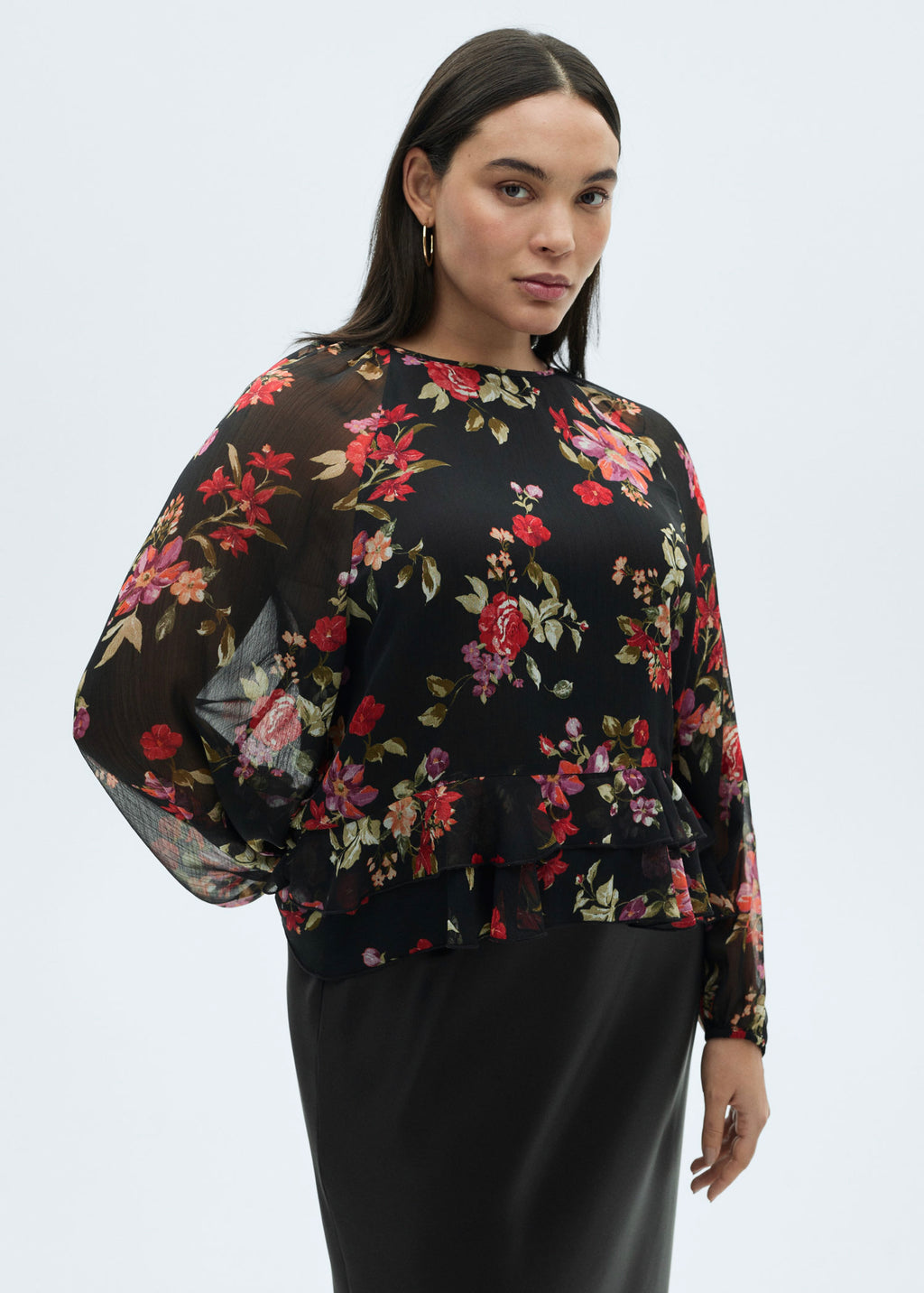 Floral Ruffle Blouse - Black