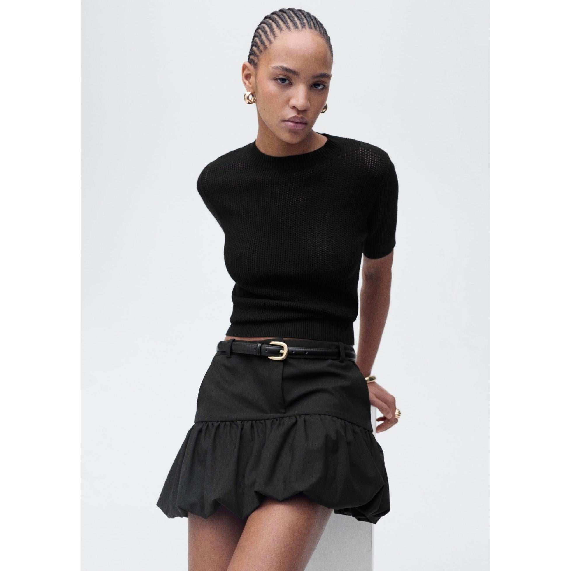 Openwork Knit Short-Sleeved Jumper - Black