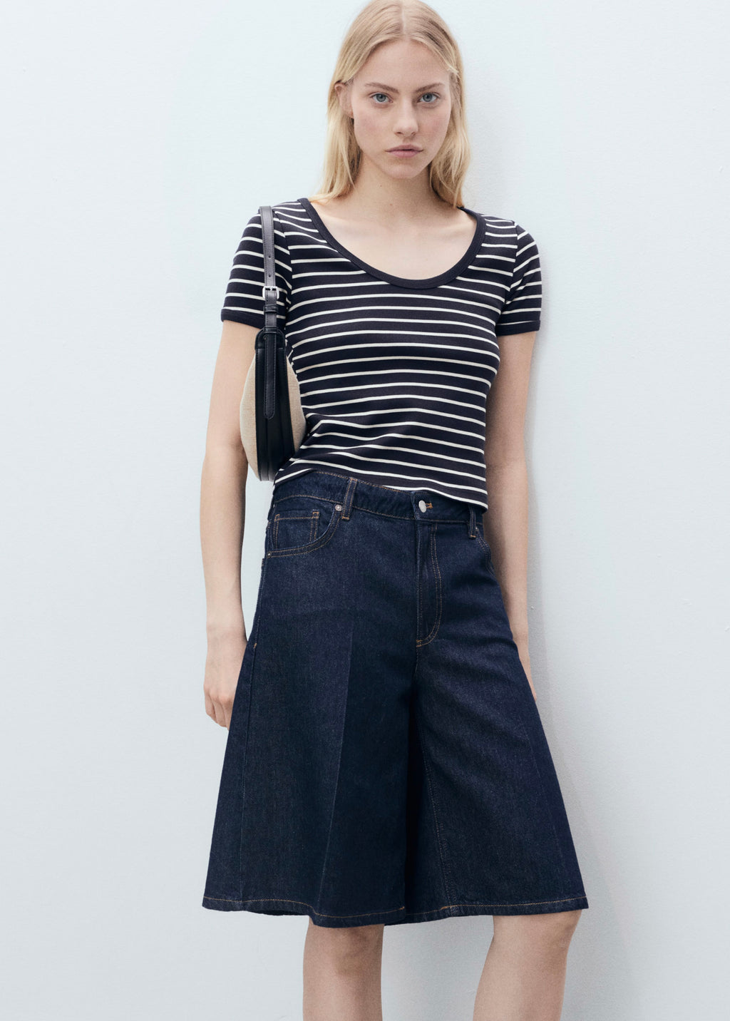 Striped Cotton T-Shirt with Plunging Neckline