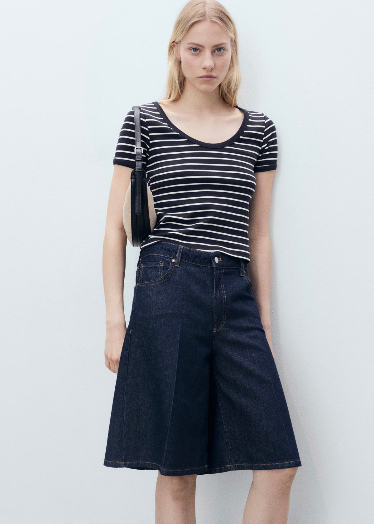 Striped Cotton T-Shirt with Plunging Neckline