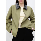 Cotton Jacket with Contrasting Collar - Khaki
