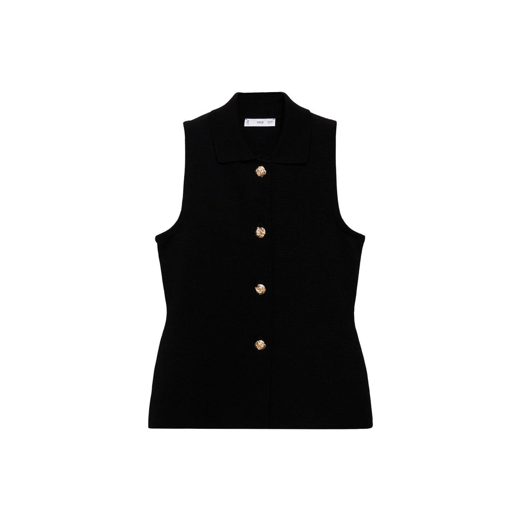 Knitted Vest with Jeweled Buttons - Black