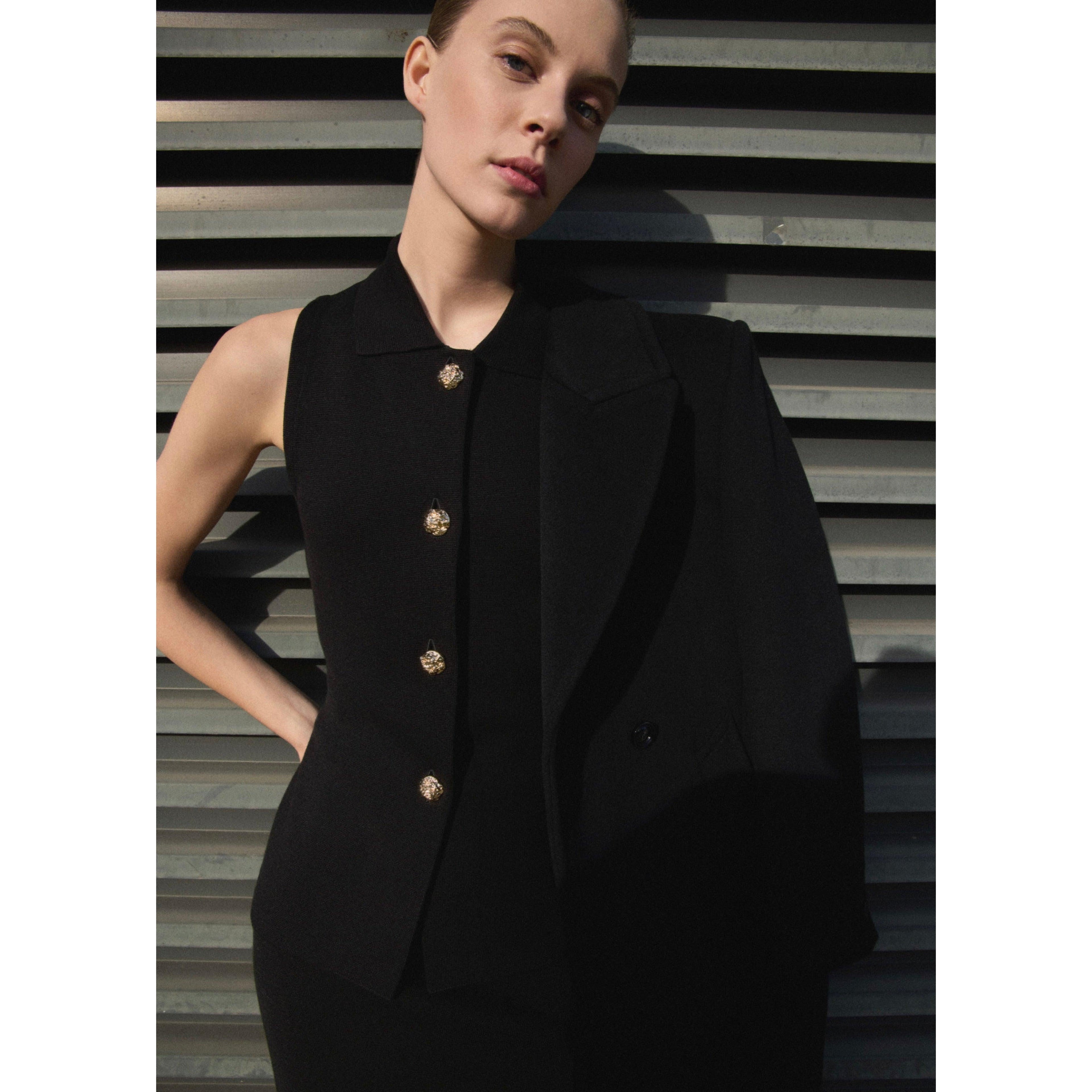 Knitted Vest with Jeweled Buttons - Black