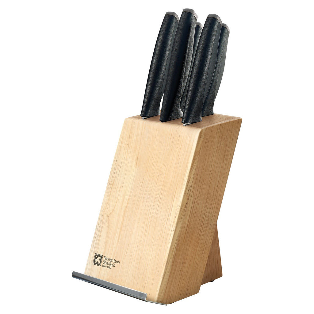 Advantage - 5-Piece Knife Block Stainless Steel Blades with Tablet Holder - Natural Wood