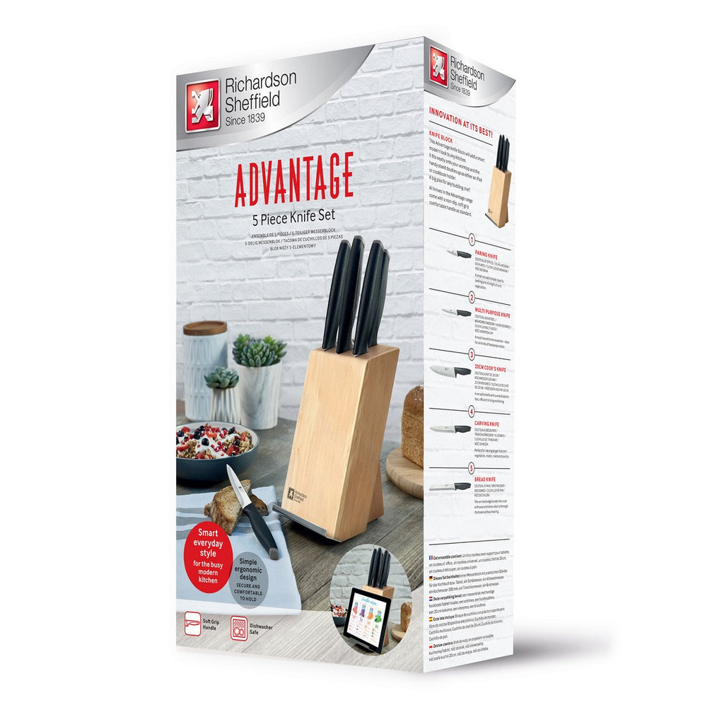 Advantage - 5-Piece Knife Block Stainless Steel Blades with Tablet Holder - Natural Wood