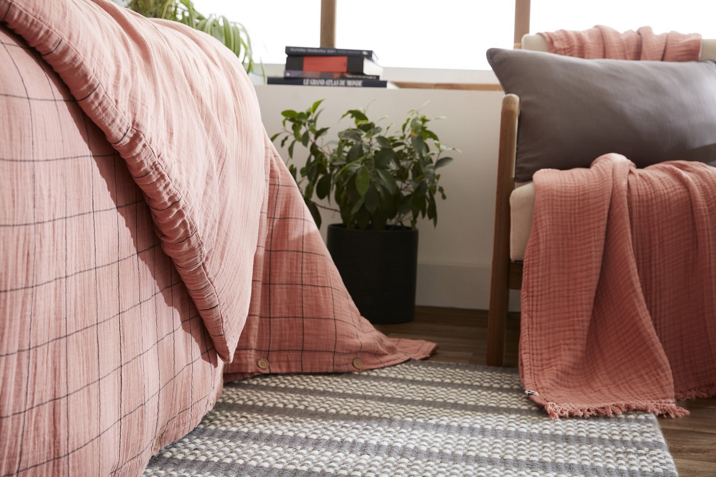 Funda nórdica reversible - Doble gasa de algodón tejido teñido - Gaïa Match - Rosa Melocotón