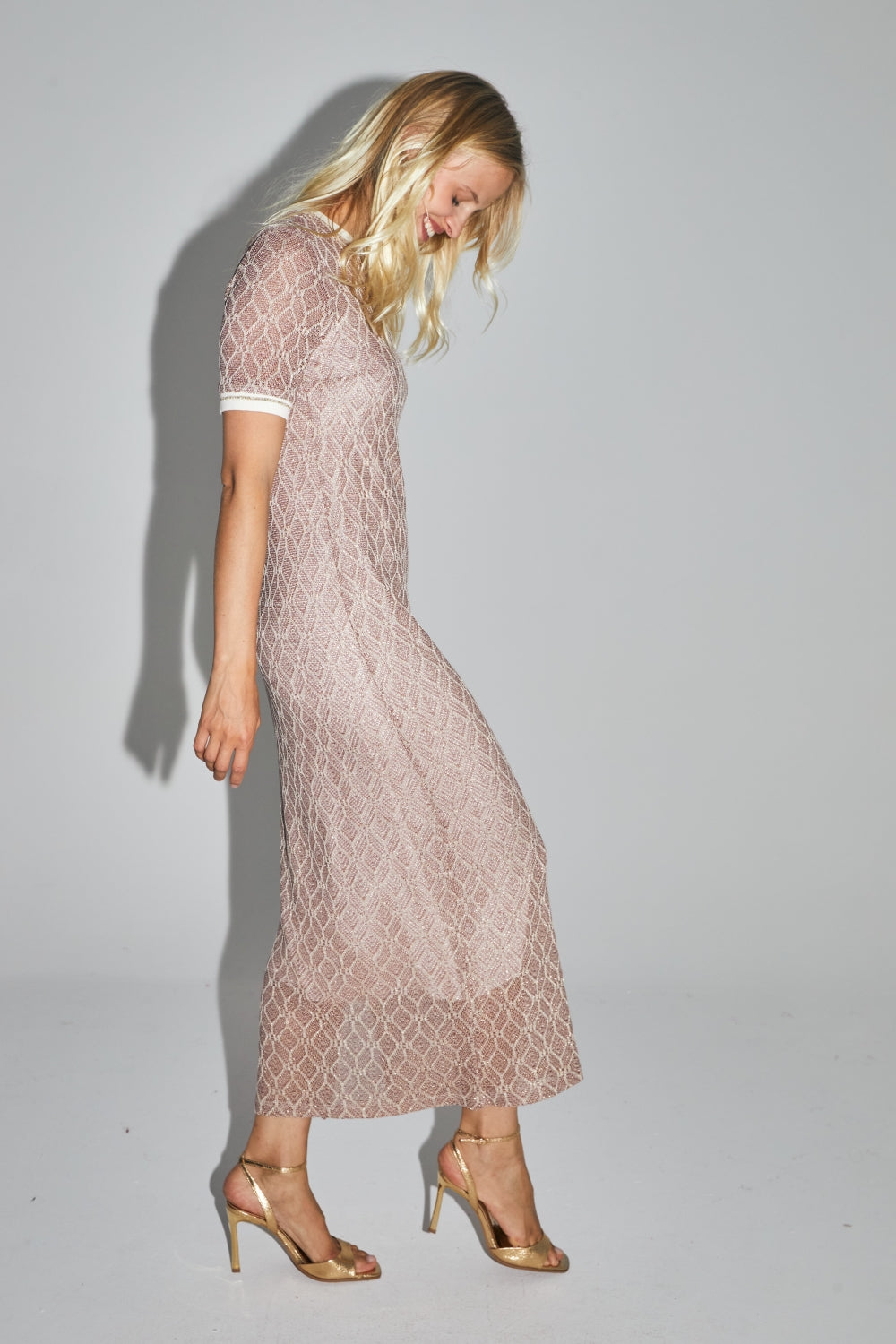 Vestido calado Annalisa Geo Knit Dorado Borgoña Hecho en Italia