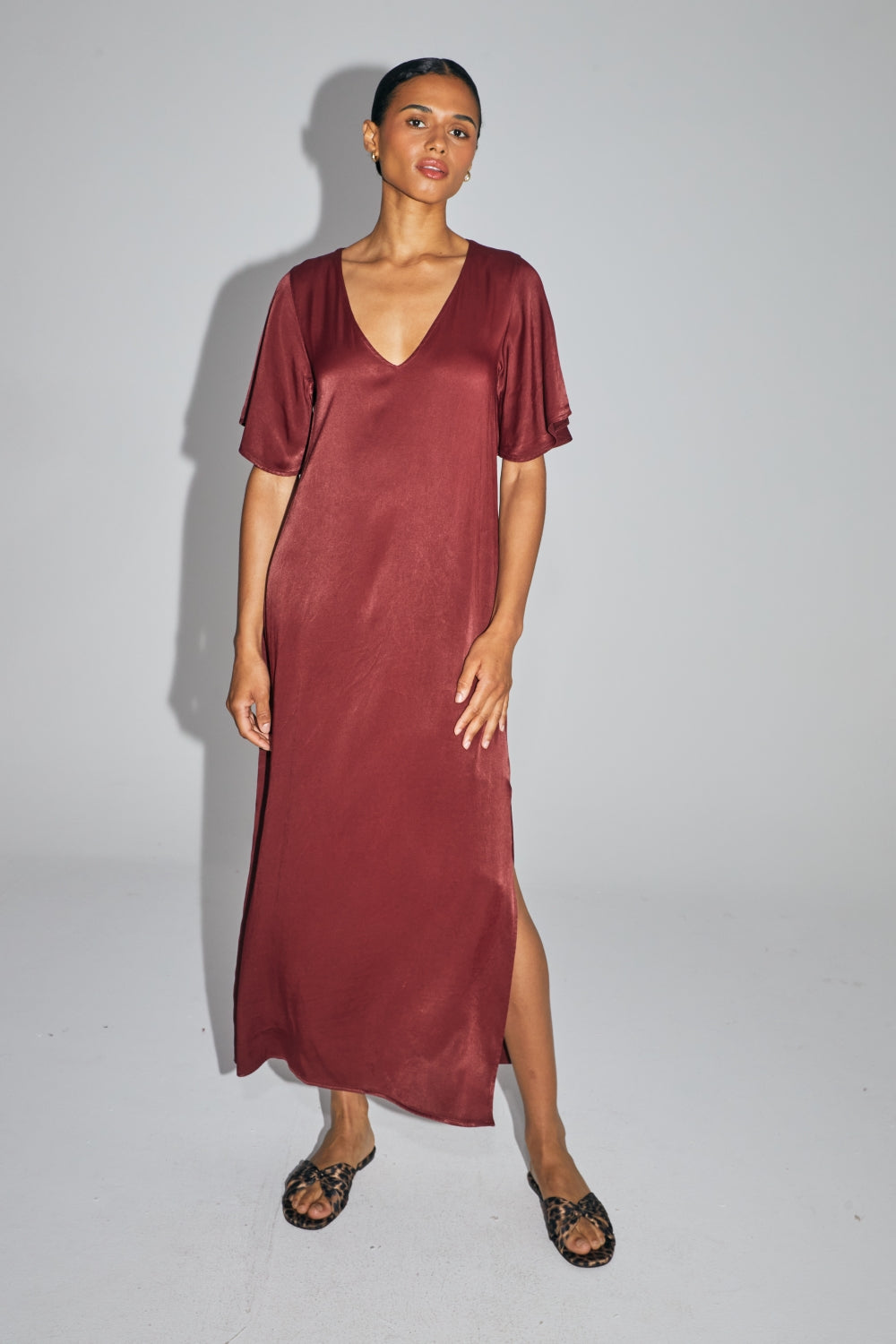 The Ruby Maxi Dress In Merlot Satin Viscose Made In Italy
