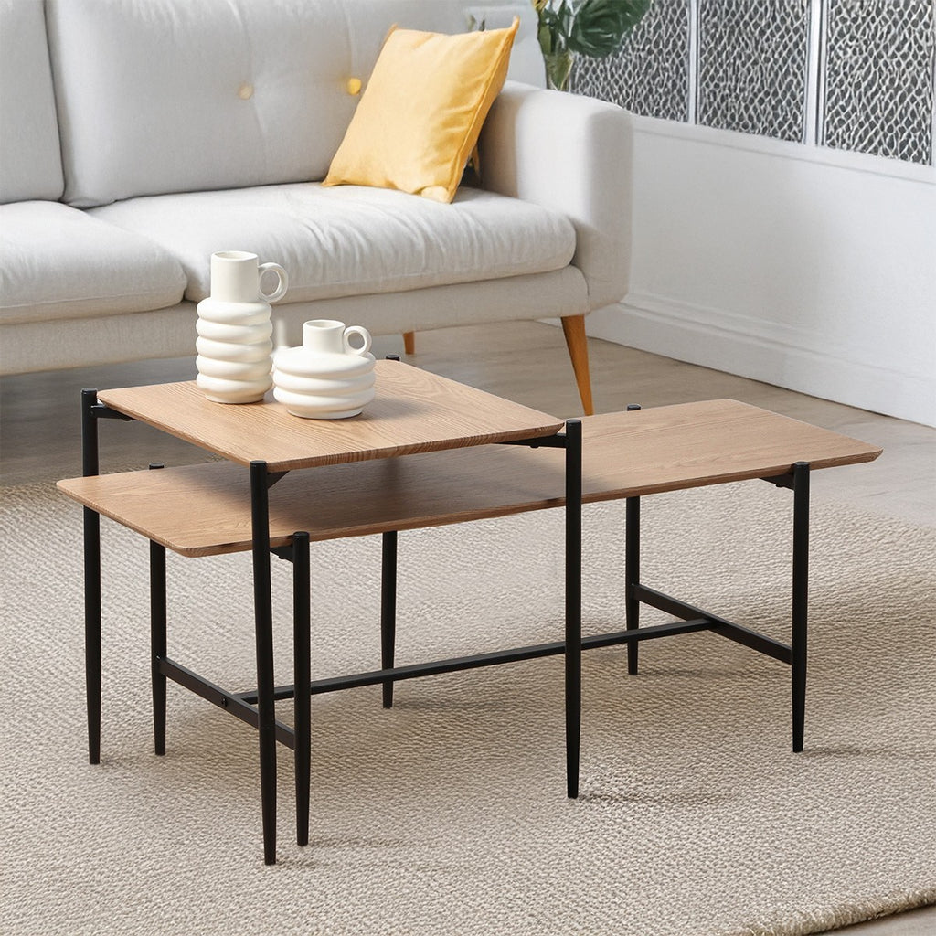 Jessie - Lot De 2 Tables Basses Gigognes - Chêne & Pieds Métal - Noir