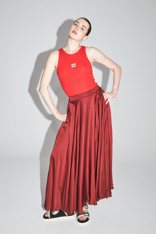 The Kelly Maxi Skirt In Merlot Satin Viscose