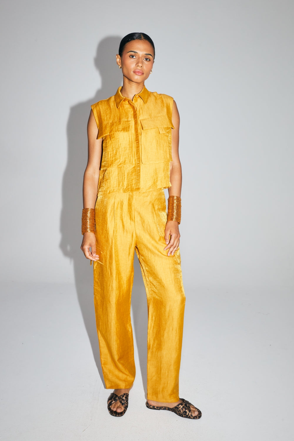 The Nina Shirt In Shiny Ocher Linen Made In Italy