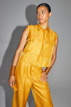 The Nina Shirt In Shiny Ocher Linen Made In Italy