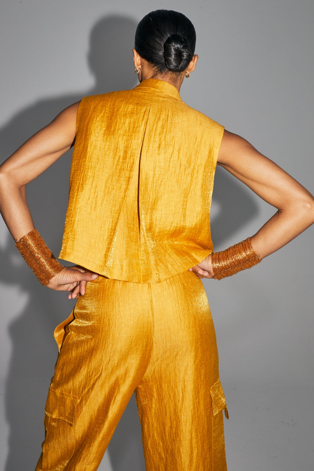 The Nina Shirt In Shiny Ocher Linen Made In Italy