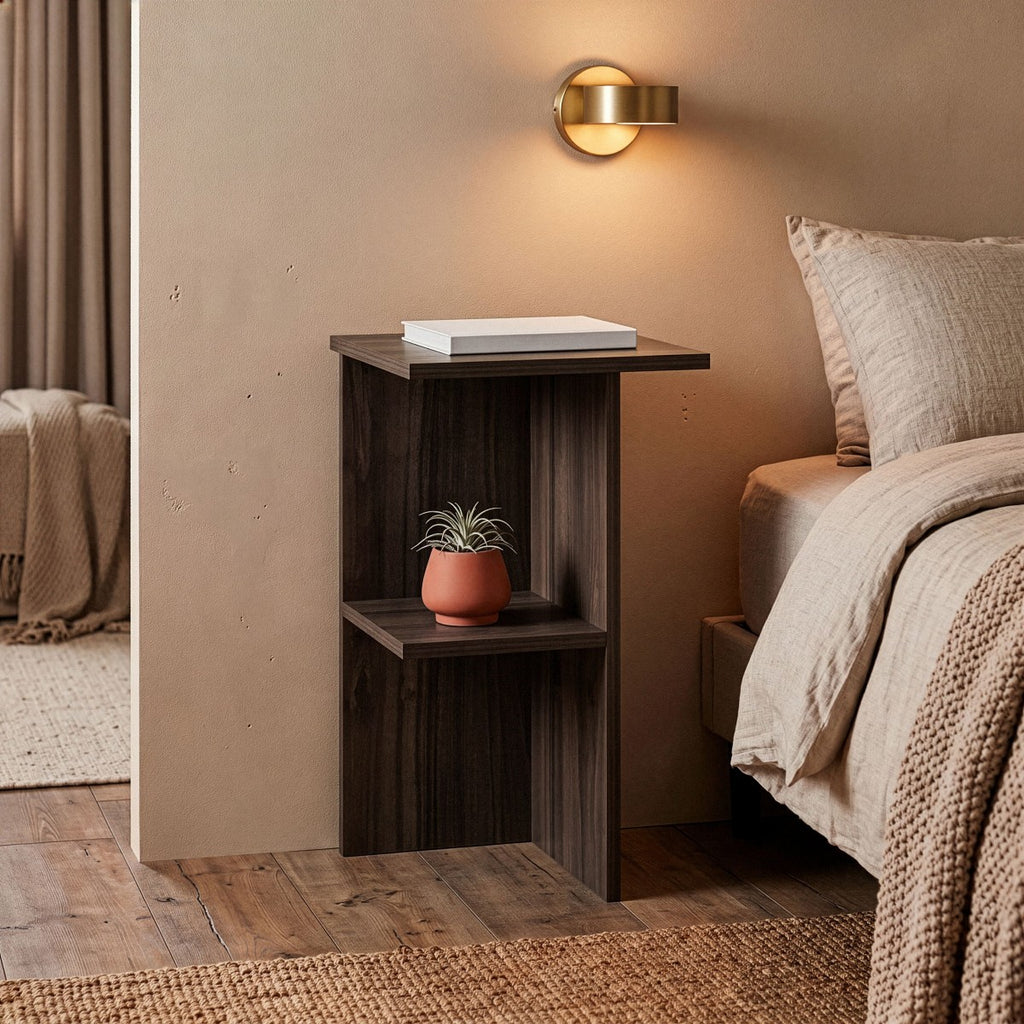Leray - Square Bedside Table with Shelf - Walnut