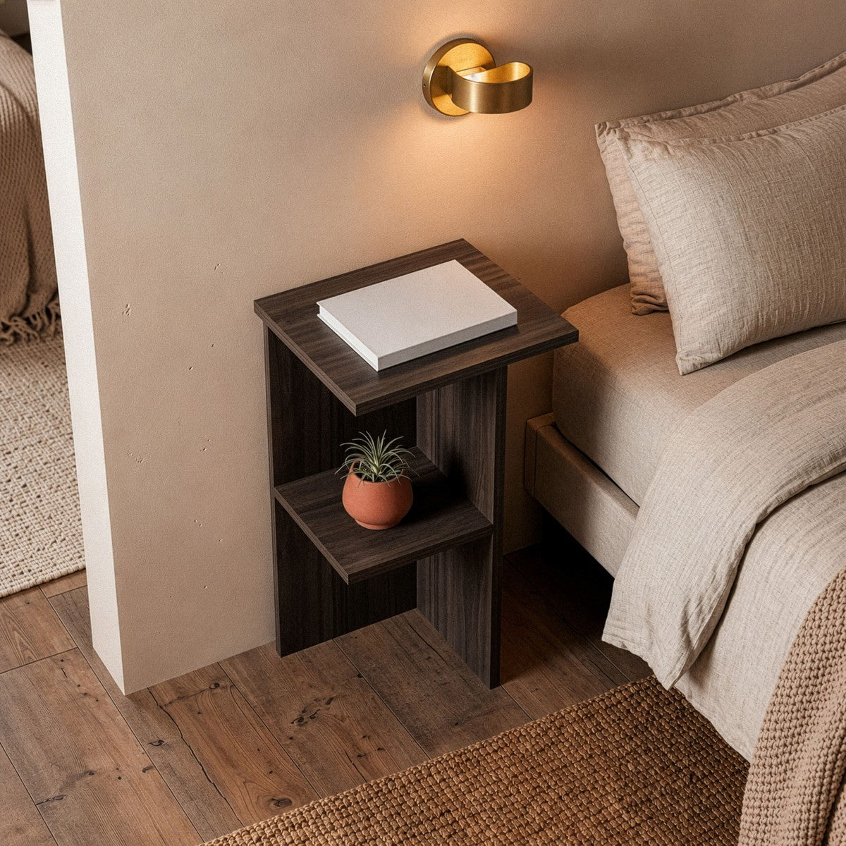 Leray - Square Bedside Table with Shelf - Walnut