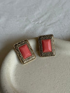 Boucles D’Oreilles Vintage - Rectangles Baroques Cabochons Roses