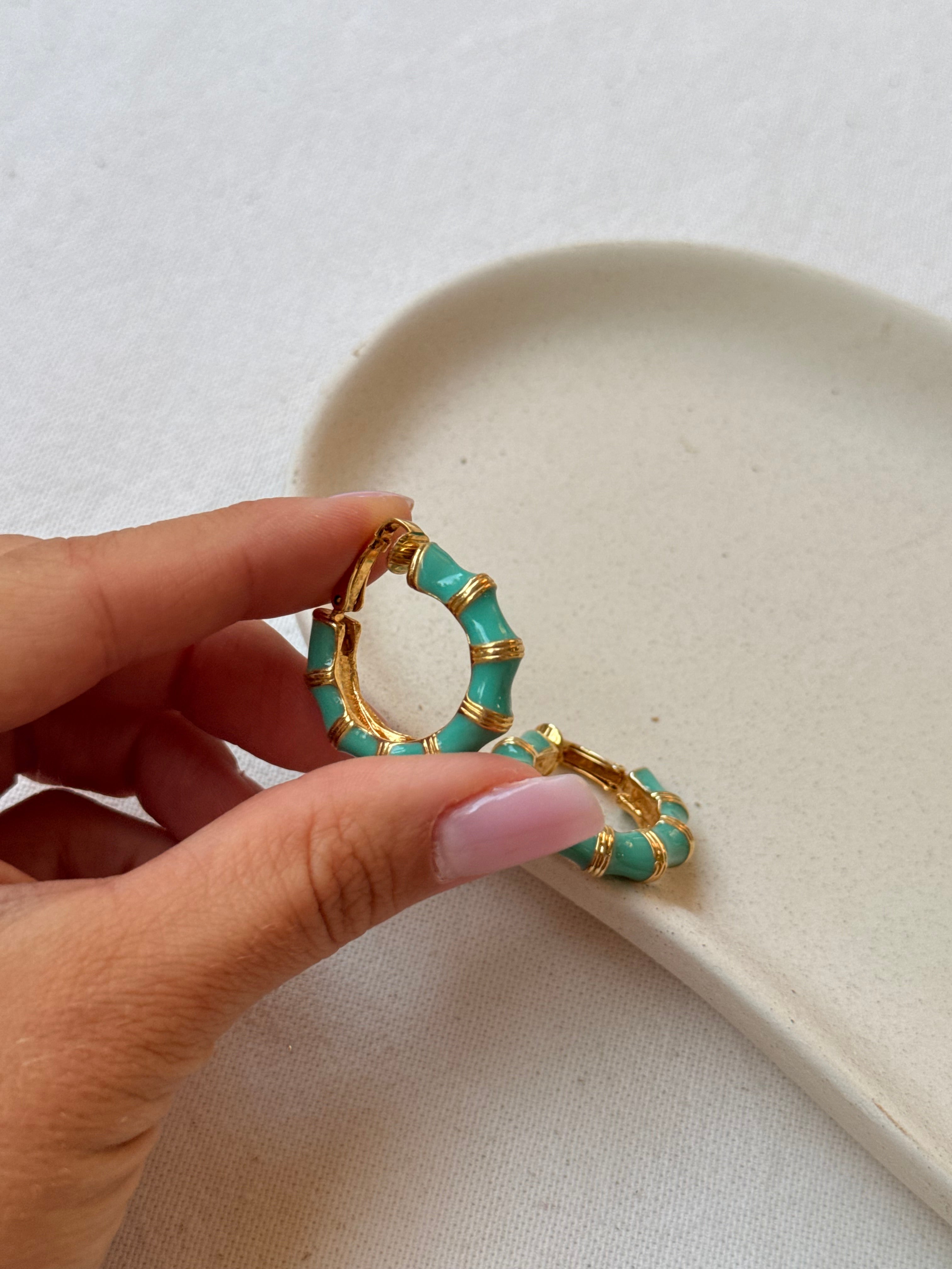 Boucles D’Oreilles Kenneth Jay Lane Vintage - Créoles Émaillées Turquoise
