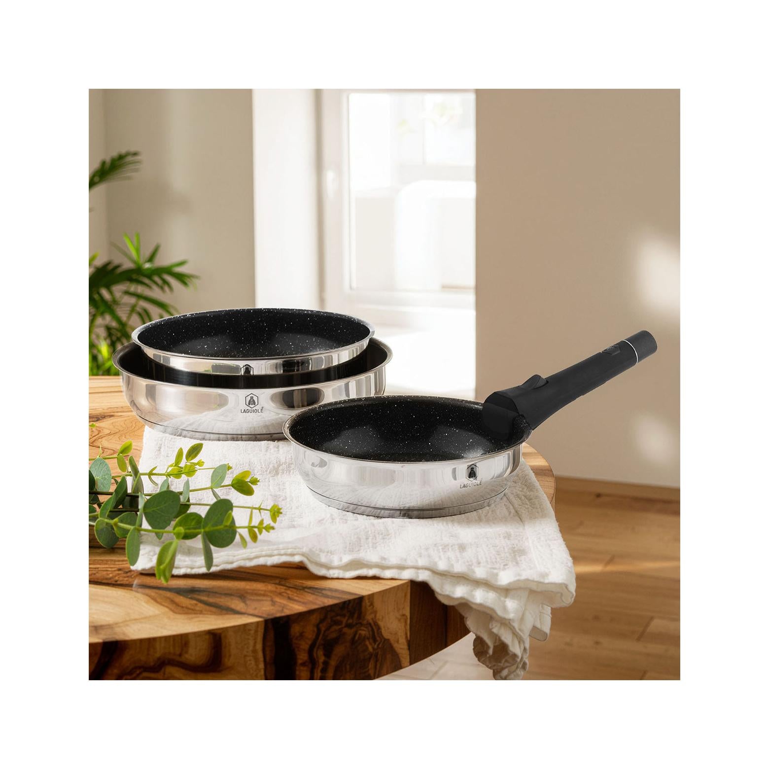 Réactif - Set of 3 Removable Non-Stick Frying Pans - Stainless Steel - Silver
