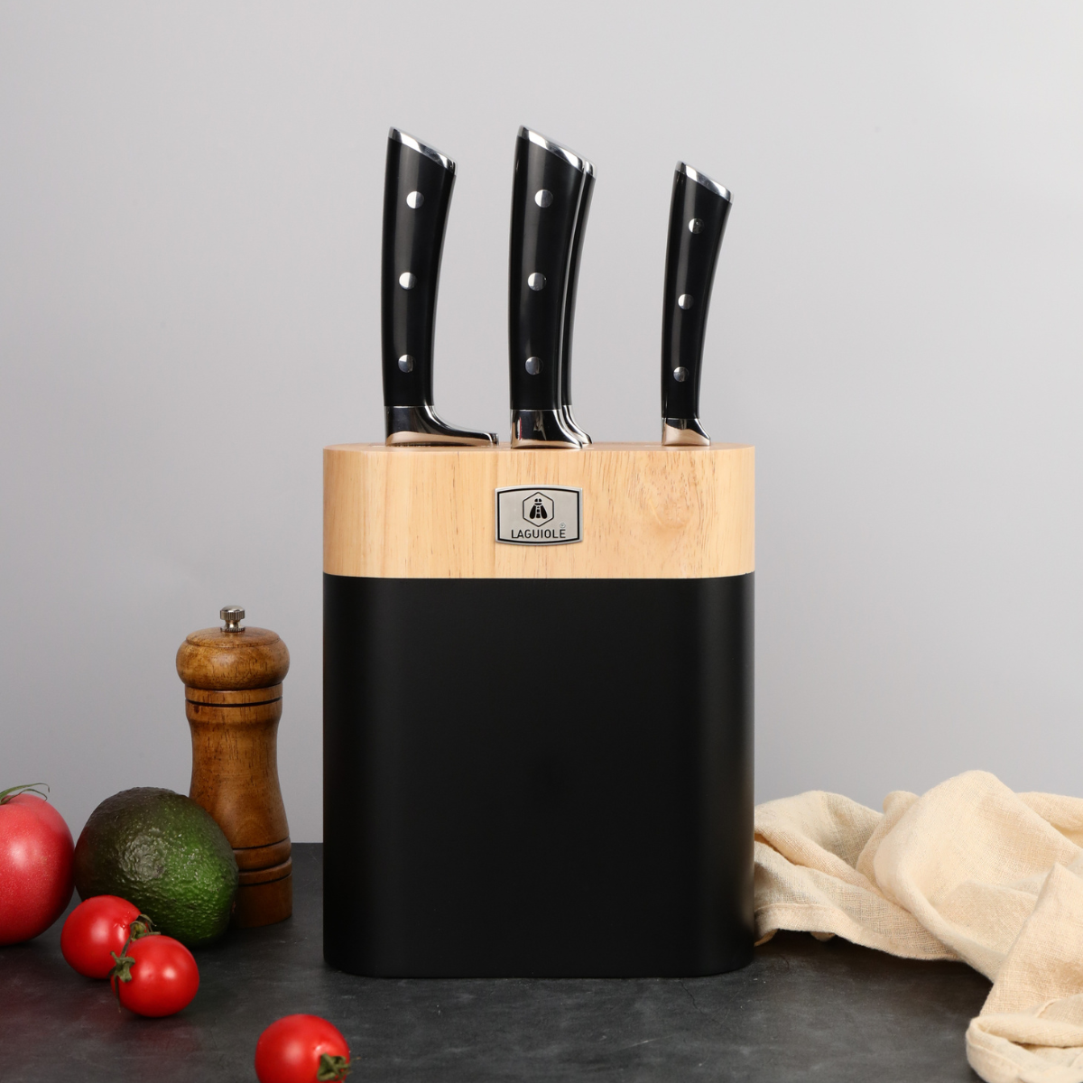 LustroBois - Bloc + 4 Couteaux - Acier - Noir