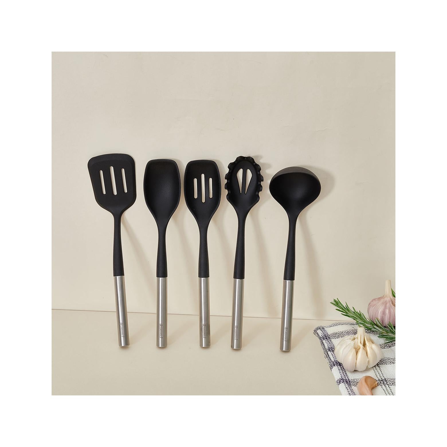 Harmonie - Set 6 Ustensiles De Cuisine - Inox Et Silicone - Argent / Noir