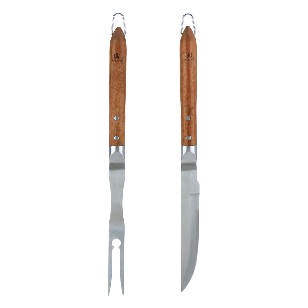 Sève - Set de 2 utensilios para barbacoa cuchillo + tenedor - Acero y madera de acacia - Plata / Madera