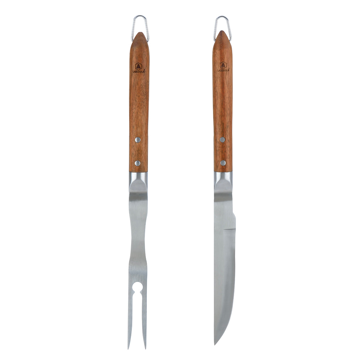 Sève - Set de 2 utensilios para barbacoa cuchillo + tenedor - Acero y madera de acacia - Plata / Madera