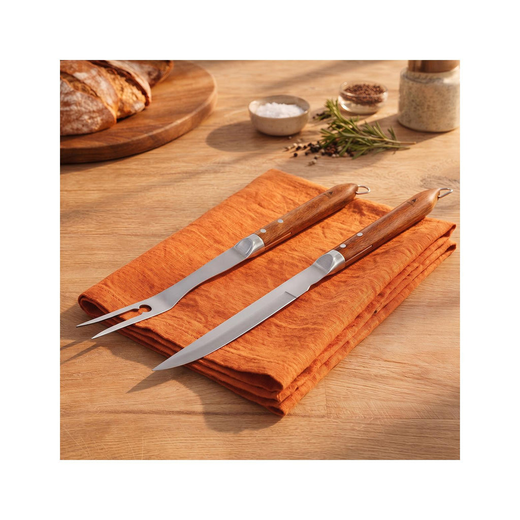 Sève - Set 2 Ustensiles Barbecue Couteau + Fourchette - Acier Et Bois D'Acacia - Argenté / Bois