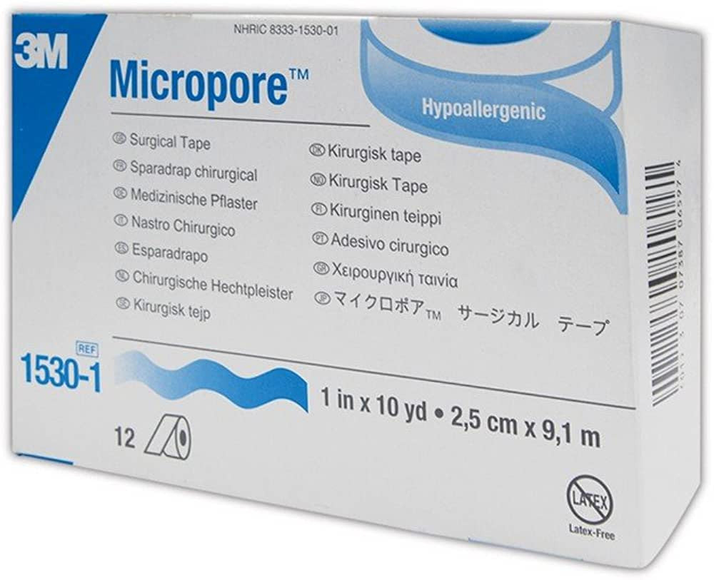 3M Micropore Paper, Hypoallergenic Surgical Tape White, 1 Inch X 10 Yards - 12 Pieces