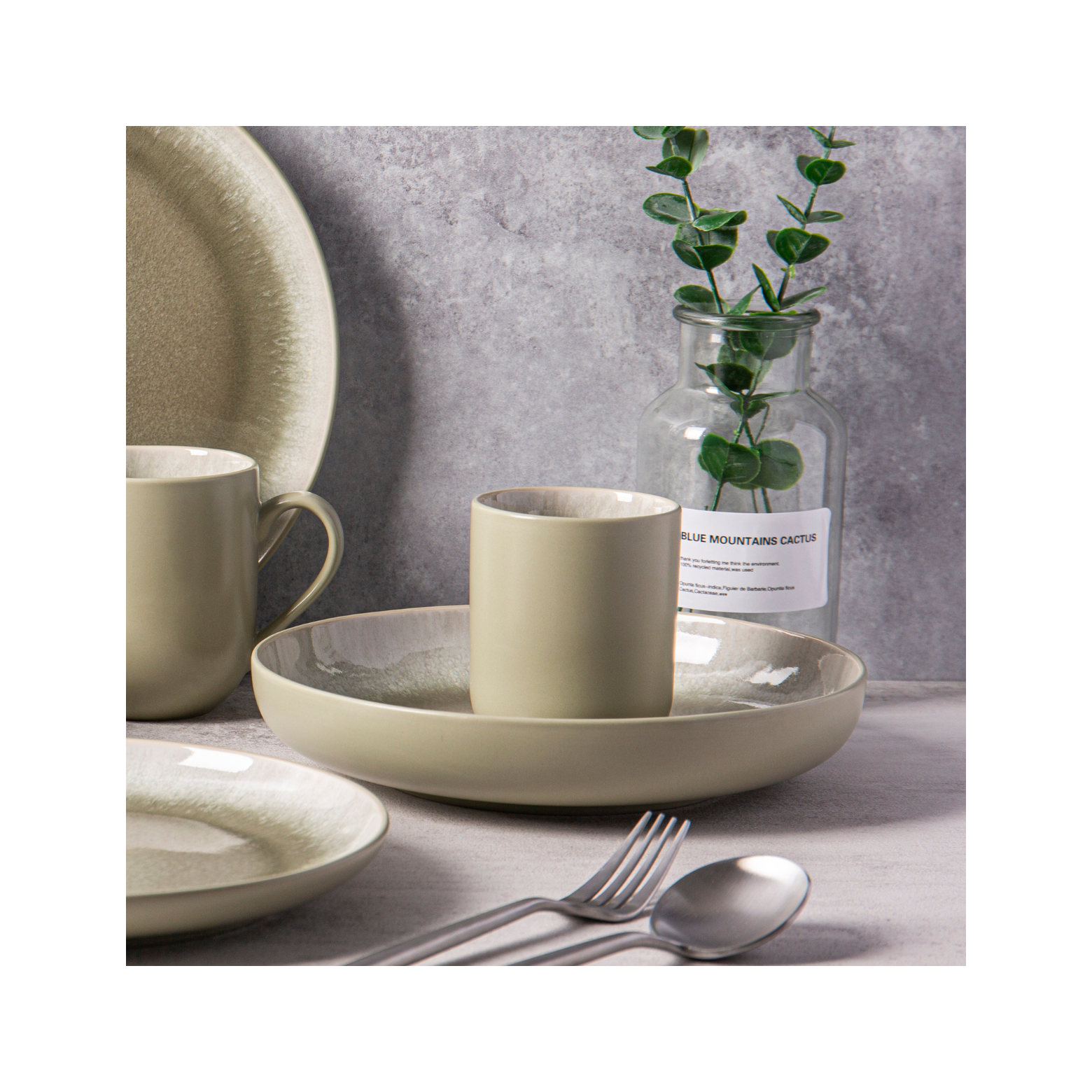 Iris Vert - Set of 4 Cups - Reactive Stoneware - Green
