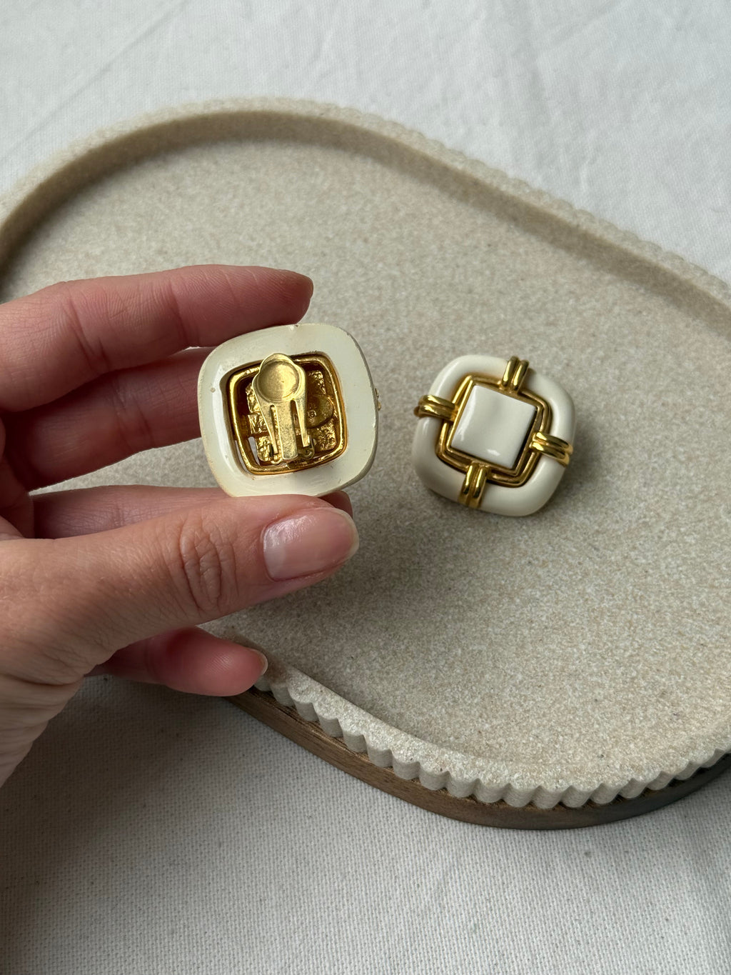 Vintage Earrings - White Resin and Gold Metal