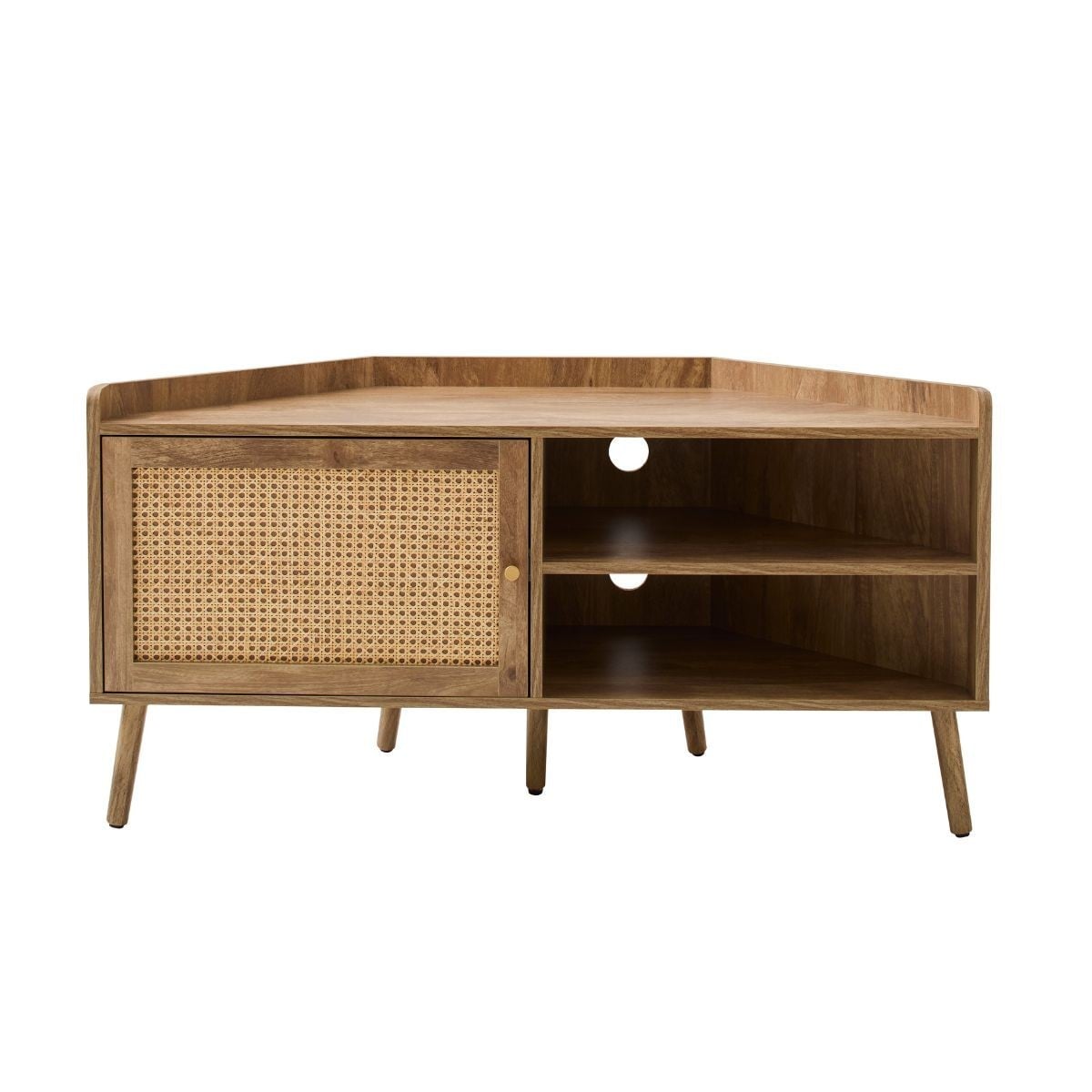 Palmo - Meuble Tv D'Angle 1 Porte Avec Façade En Rotin - Bois Clair