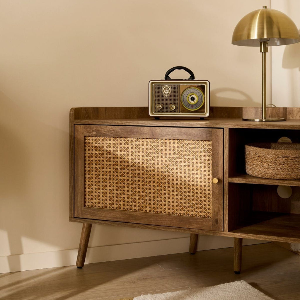 Palmo - Meuble Tv D'Angle 1 Porte Avec Façade En Rotin - Bois Clair