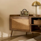 Palmo - Meuble Tv D'Angle 1 Porte Avec Façade En Rotin - Bois Clair